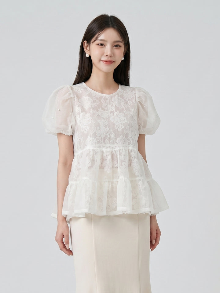 【tops】パールショルダーペプラムトップス　N3617
