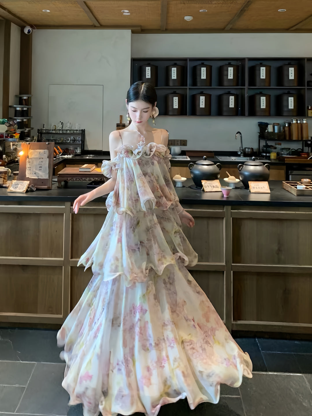 【dress】ティアードフラワープリントロングワンピース K0569