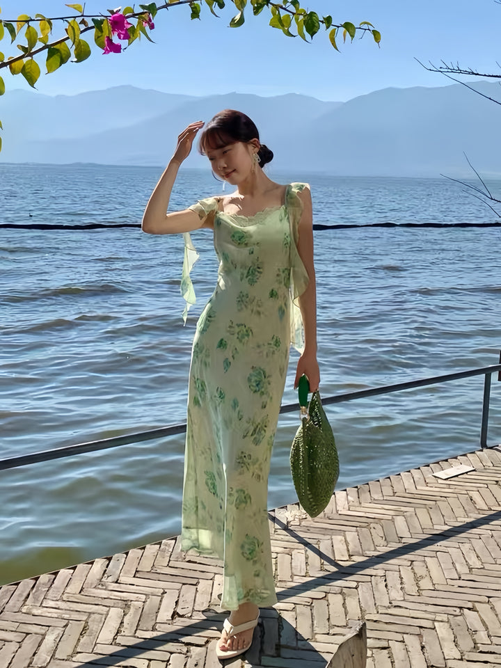 【dress】レースドッキングフラワープリントロングワンピース  K0574