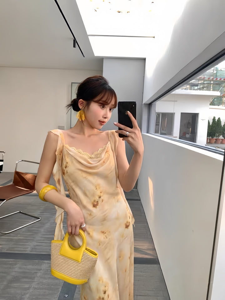 【dress】レースドッキングフラワープリントロングワンピース  K0574
