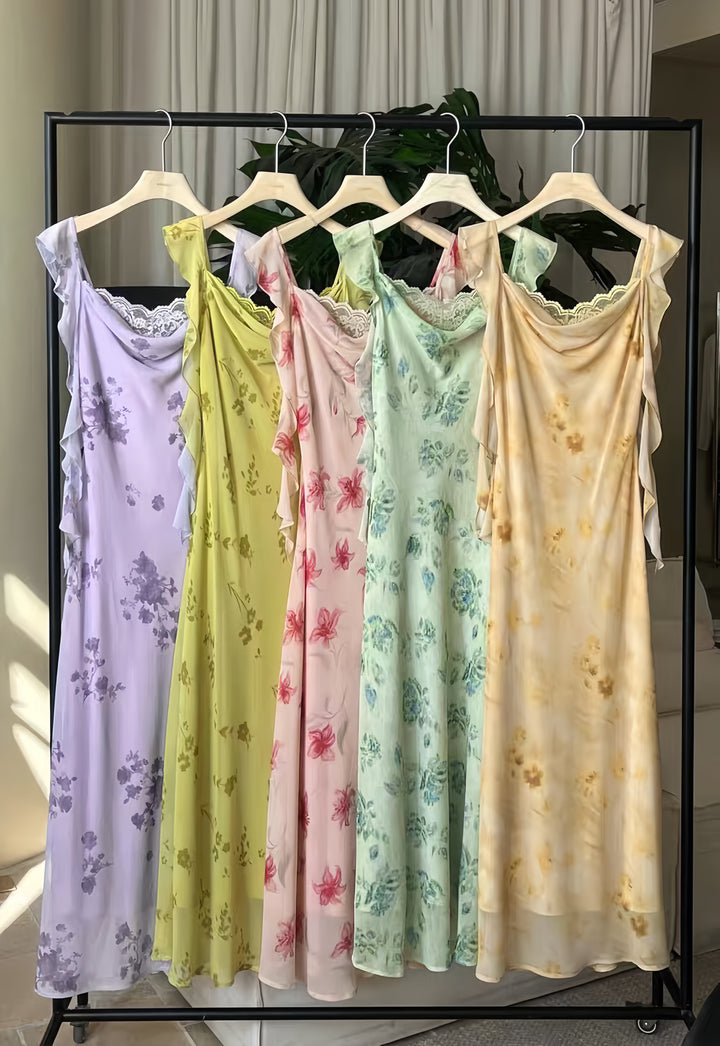 【dress】レースドッキングフラワープリントロングワンピース  K0574
