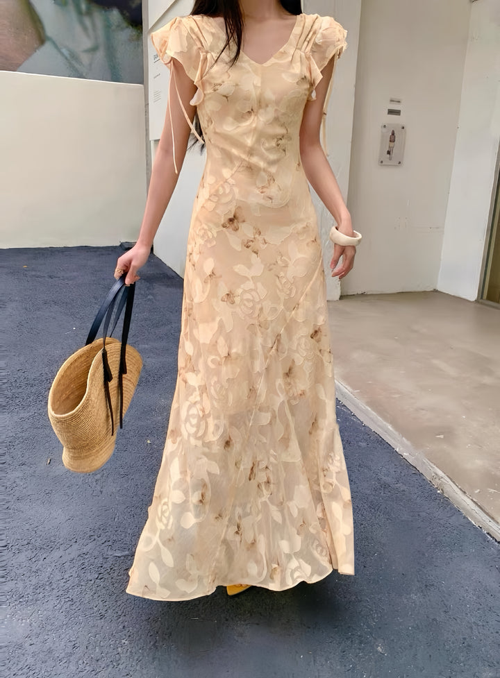 【dress】フリルスリーブフラワープリントロングワンピース  K0575