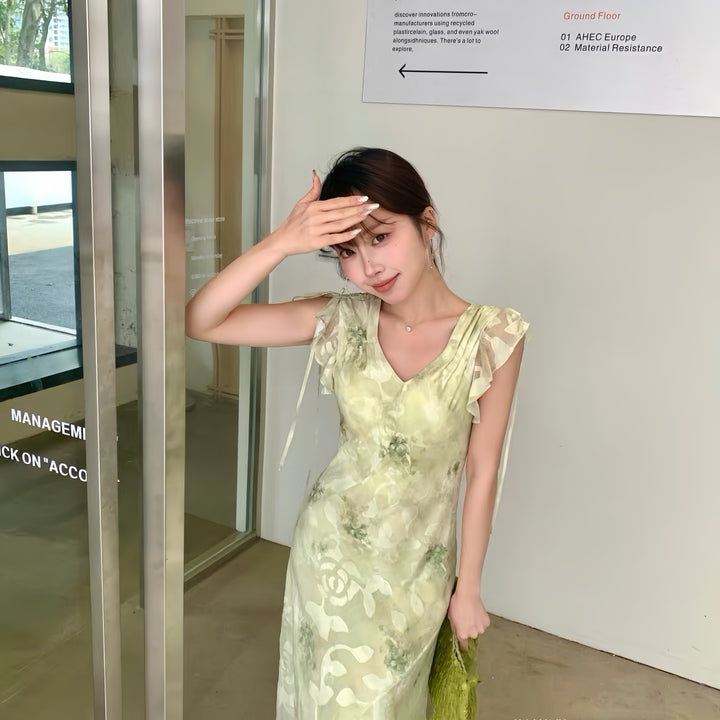 【dress】フリルスリーブフラワープリントロングワンピース  K0575
