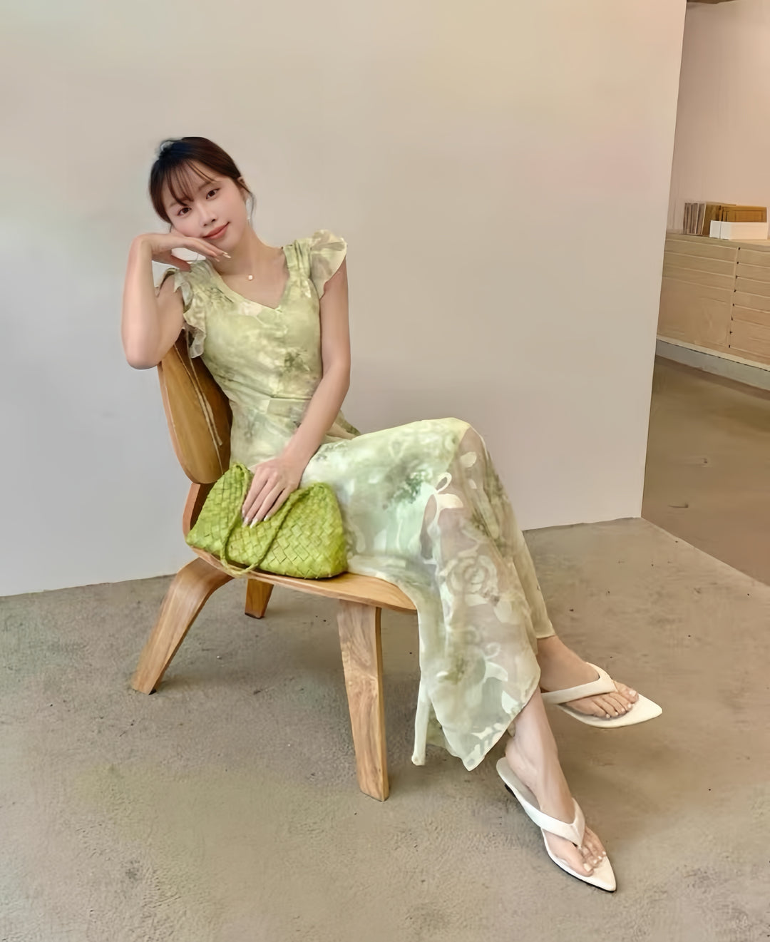 【dress】フリルスリーブフラワープリントロングワンピース  K0575