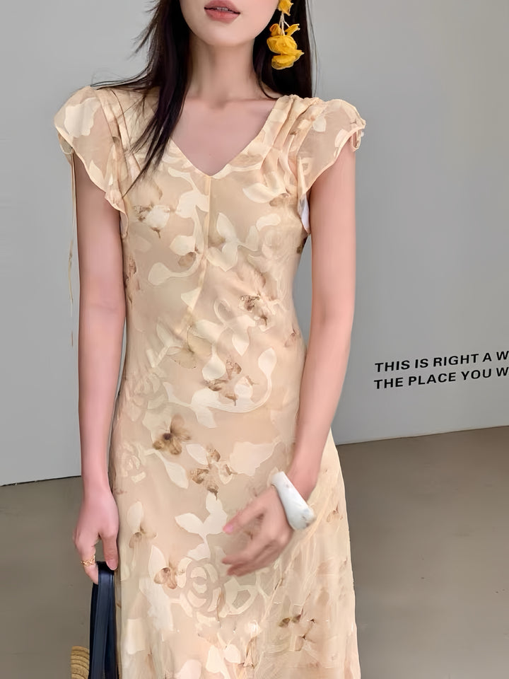 【dress】フリルスリーブフラワープリントロングワンピース  K0575