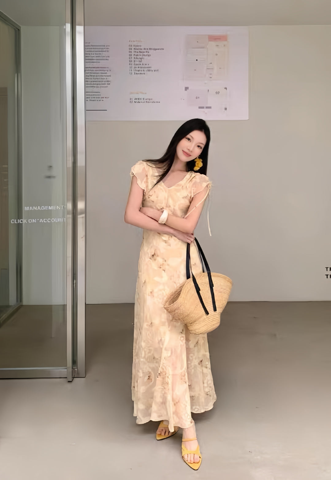 【dress】フリルスリーブフラワープリントロングワンピース  K0575