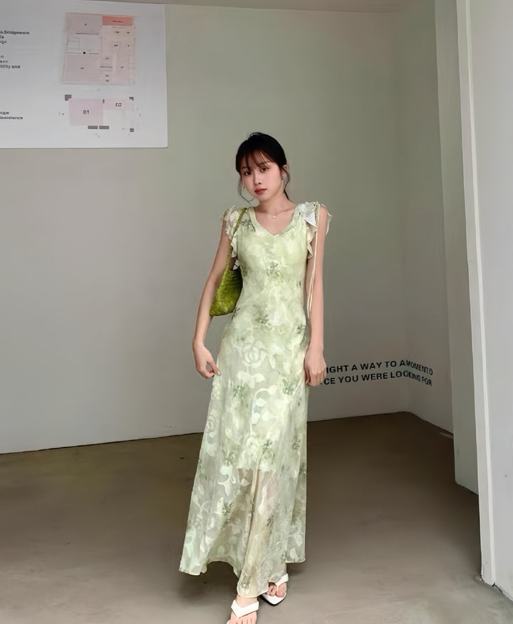 【dress】フリルスリーブフラワープリントロングワンピース  K0575