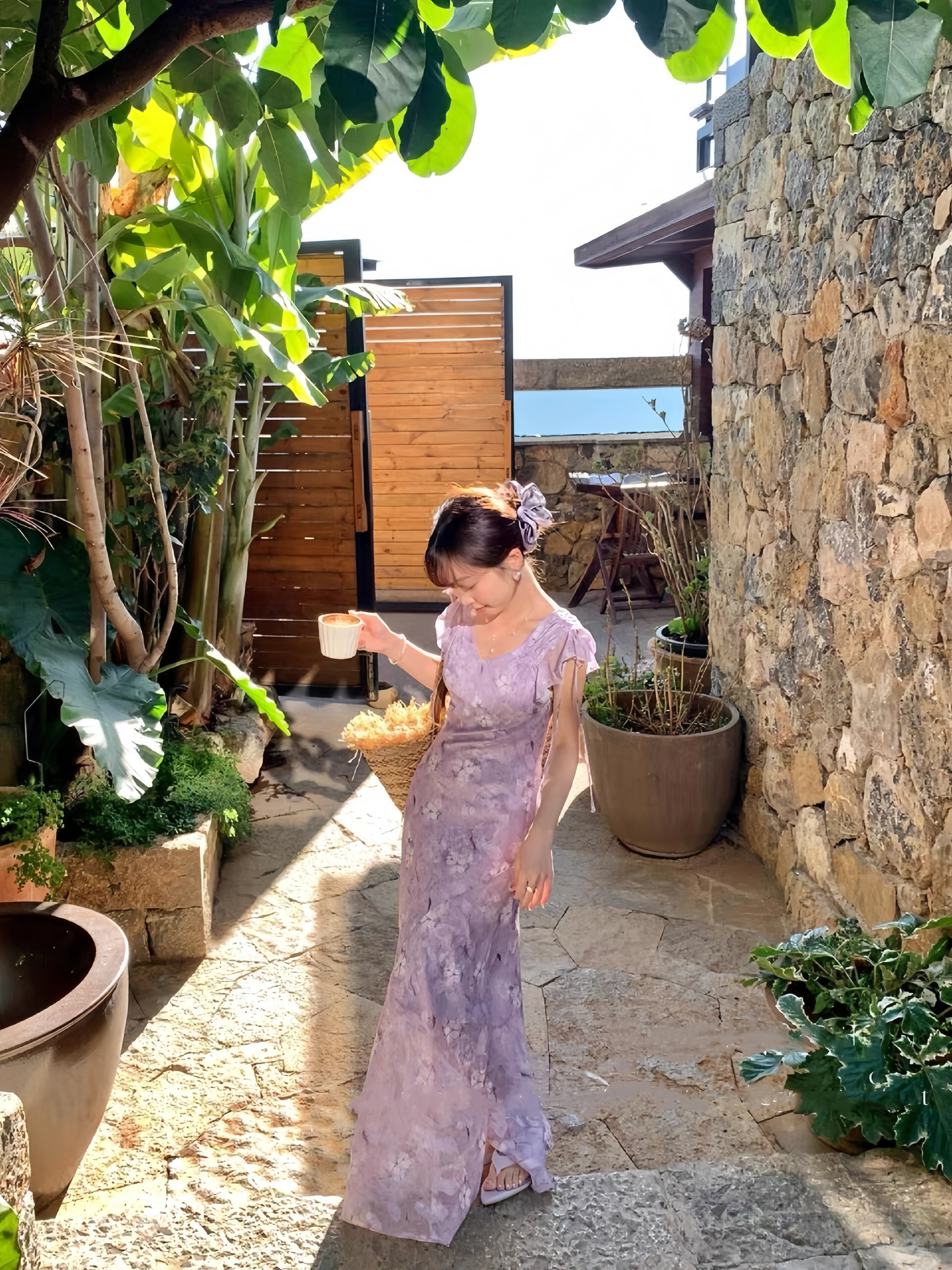 dress】フリルスリーブフラワープリントロングワンピース K0575