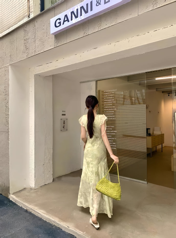 【dress】フリルスリーブフラワープリントロングワンピース  K0575