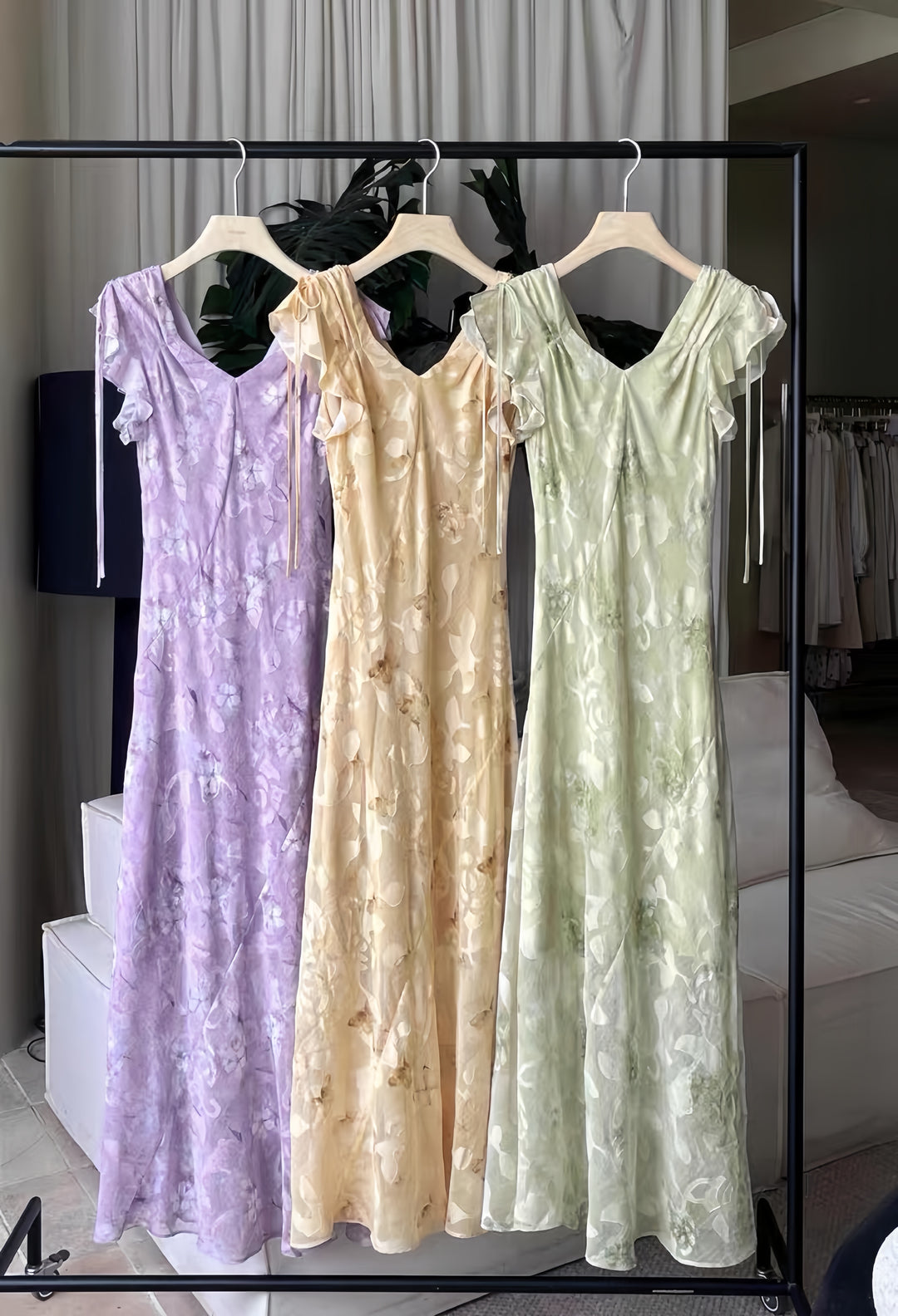 【dress】フリルスリーブフラワープリントロングワンピース  K0575