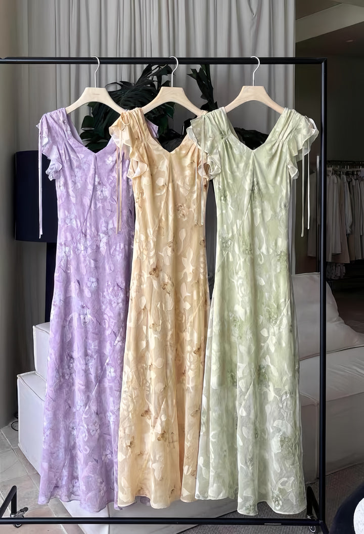 【dress】フリルスリーブフラワープリントロングワンピース  K0575