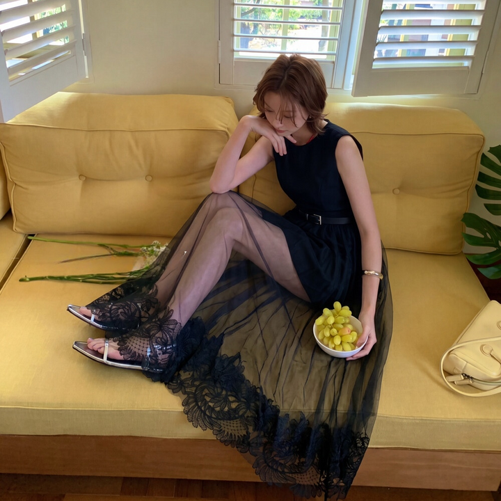 【dress】レースチュールドッキングロングワンピース　N3622