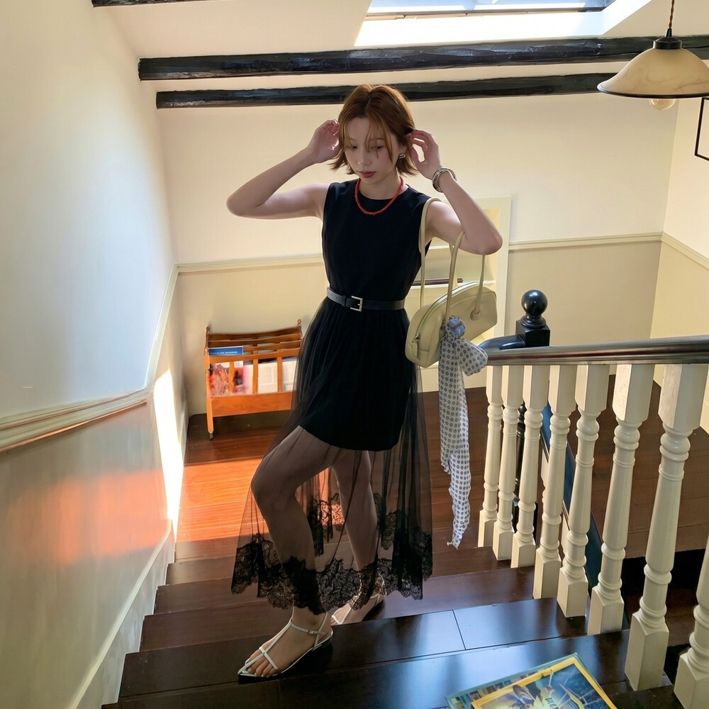 【dress】レースチュールドッキングロングワンピース　N3622