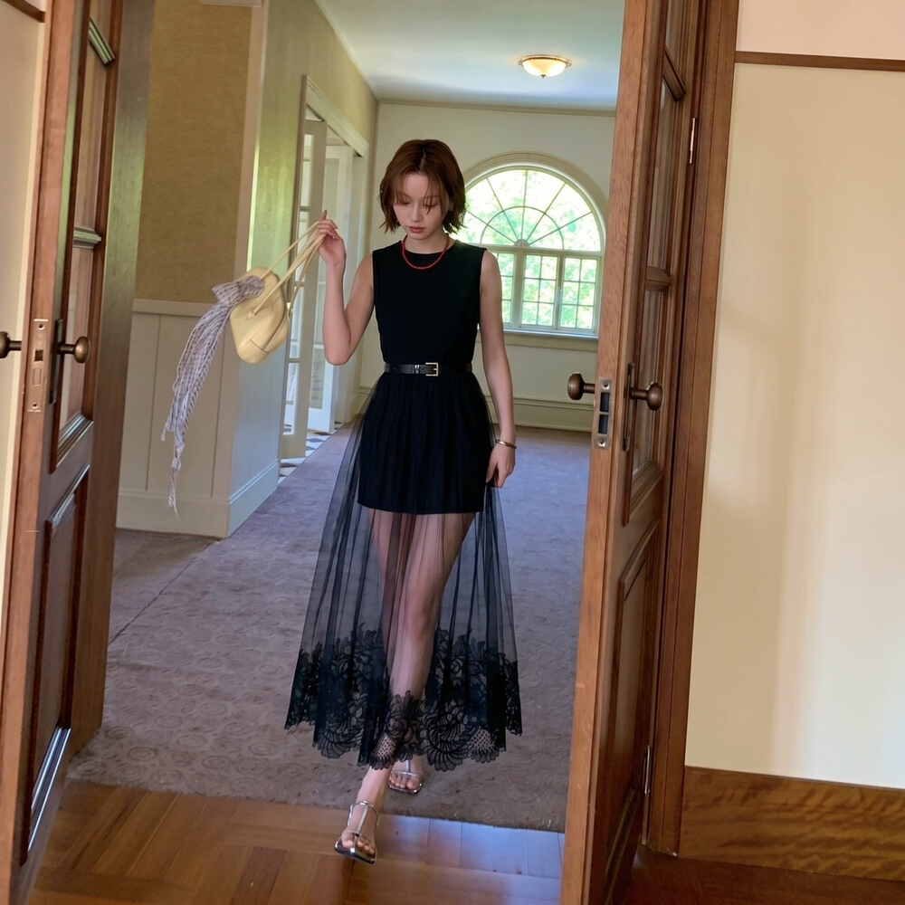 【dress】レースチュールドッキングロングワンピース　N3622
