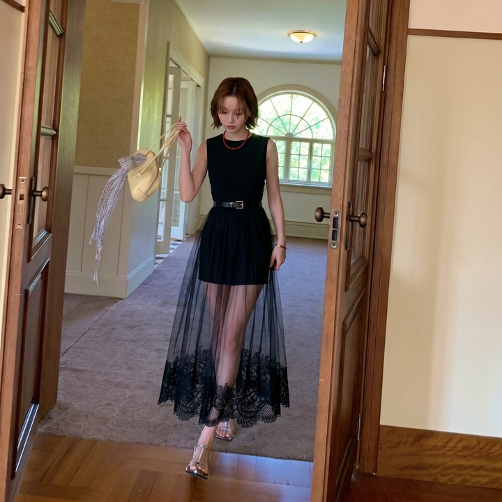 【dress】レースチュールドッキングロングワンピース　N3622