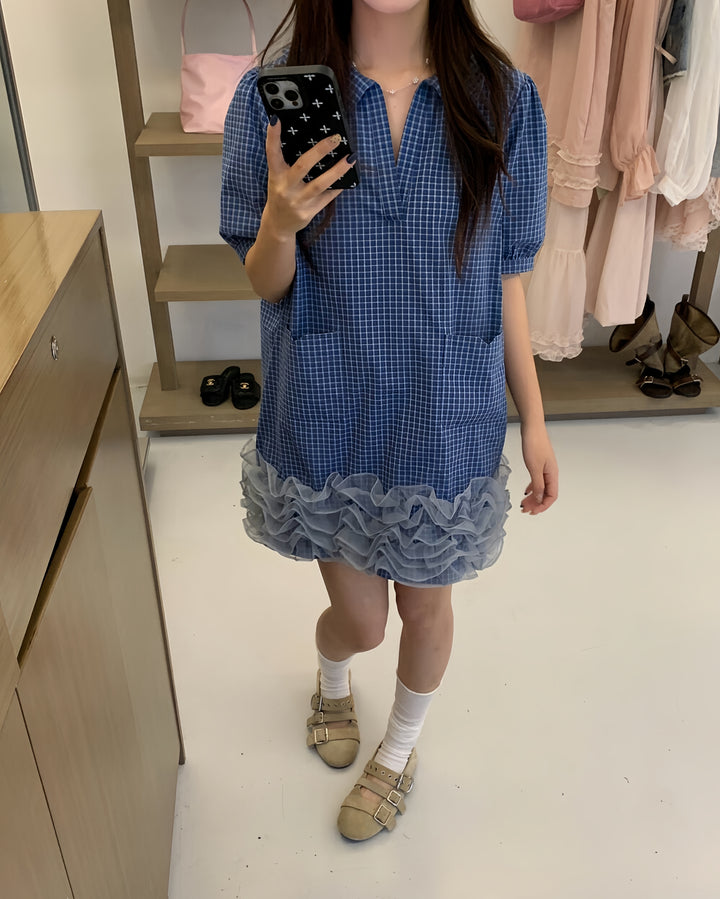 【dress】 ギャザーフリルチェックミニワンピース     K0577