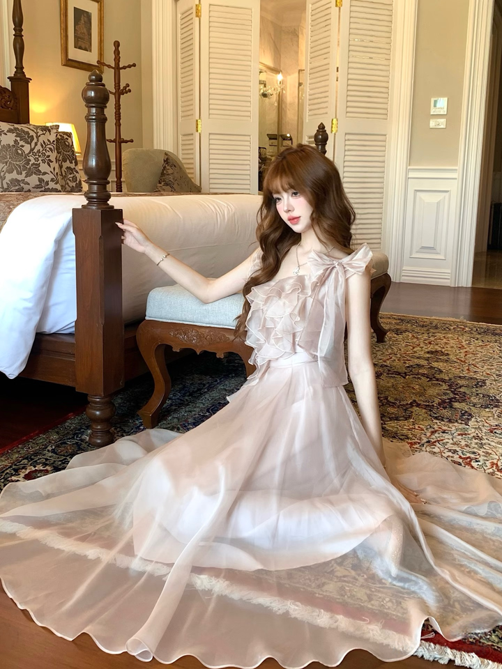 【dress】ショルダーリボンフリルロングワンピース　N3624