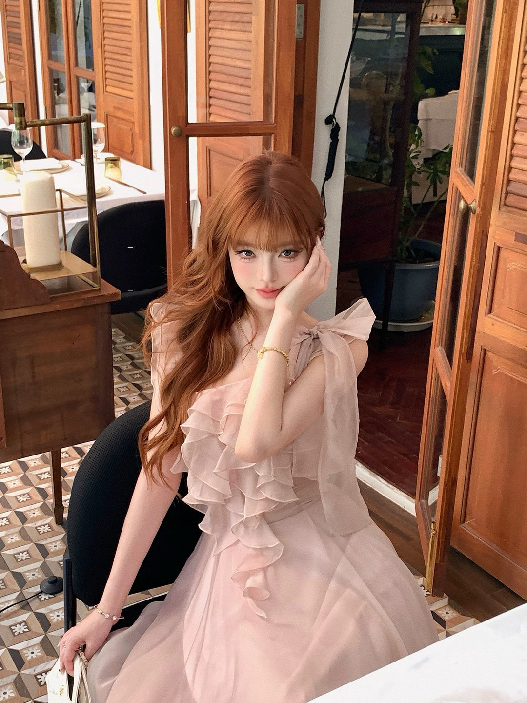 【dress】ショルダーリボンフリルロングワンピース　N3624