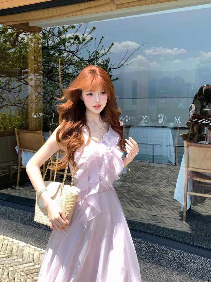 【dress】ショルダーリボンフリルロングワンピース　N3624