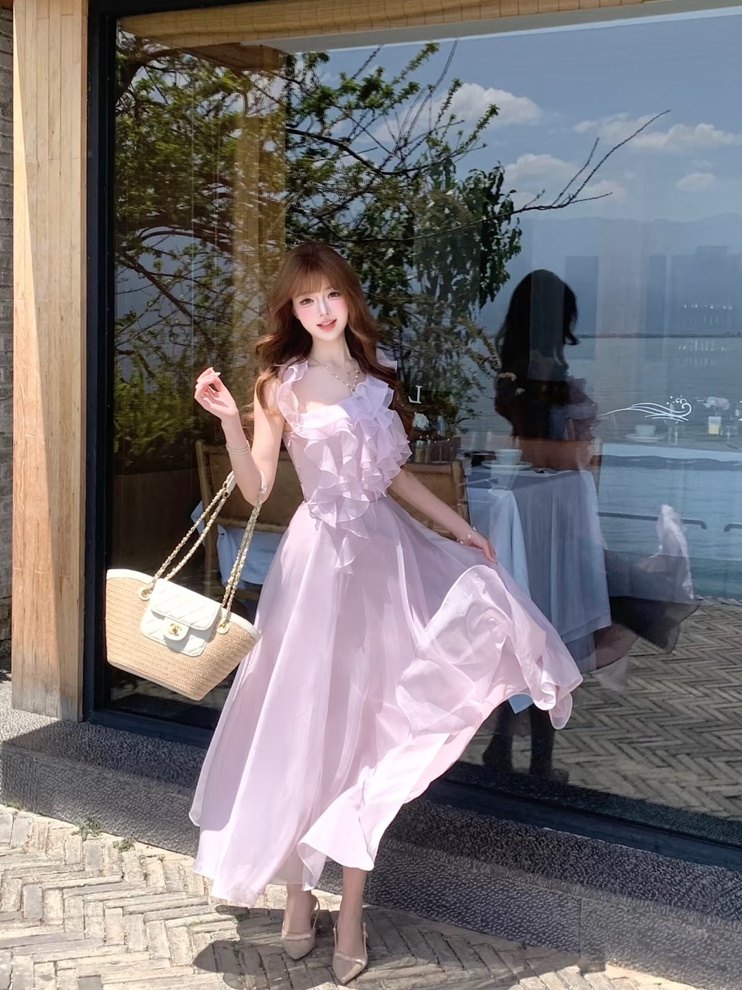 【dress】ショルダーリボンフリルロングワンピース　N3624