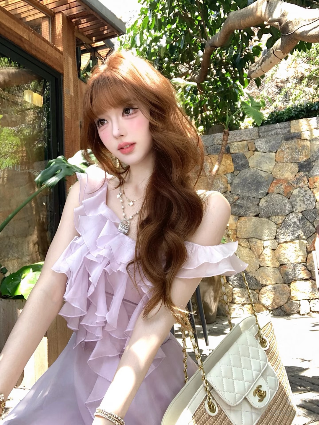 【dress】ショルダーリボンフリルロングワンピース　N3624