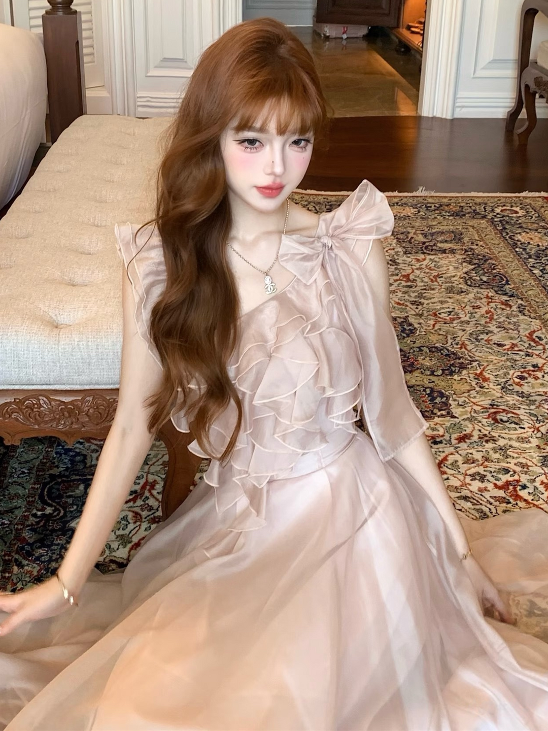 【dress】ショルダーリボンフリルロングワンピース　N3624