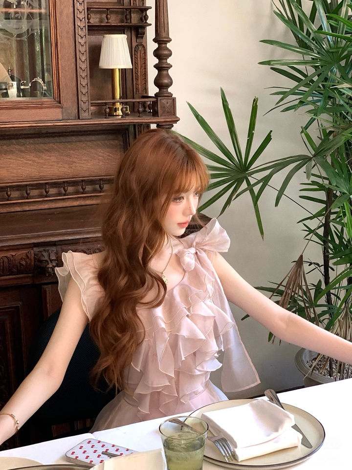 【dress】ショルダーリボンフリルロングワンピース　N3624