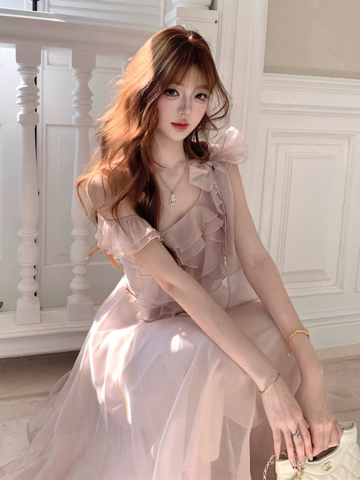 【dress】ショルダーリボンフリルロングワンピース　N3624