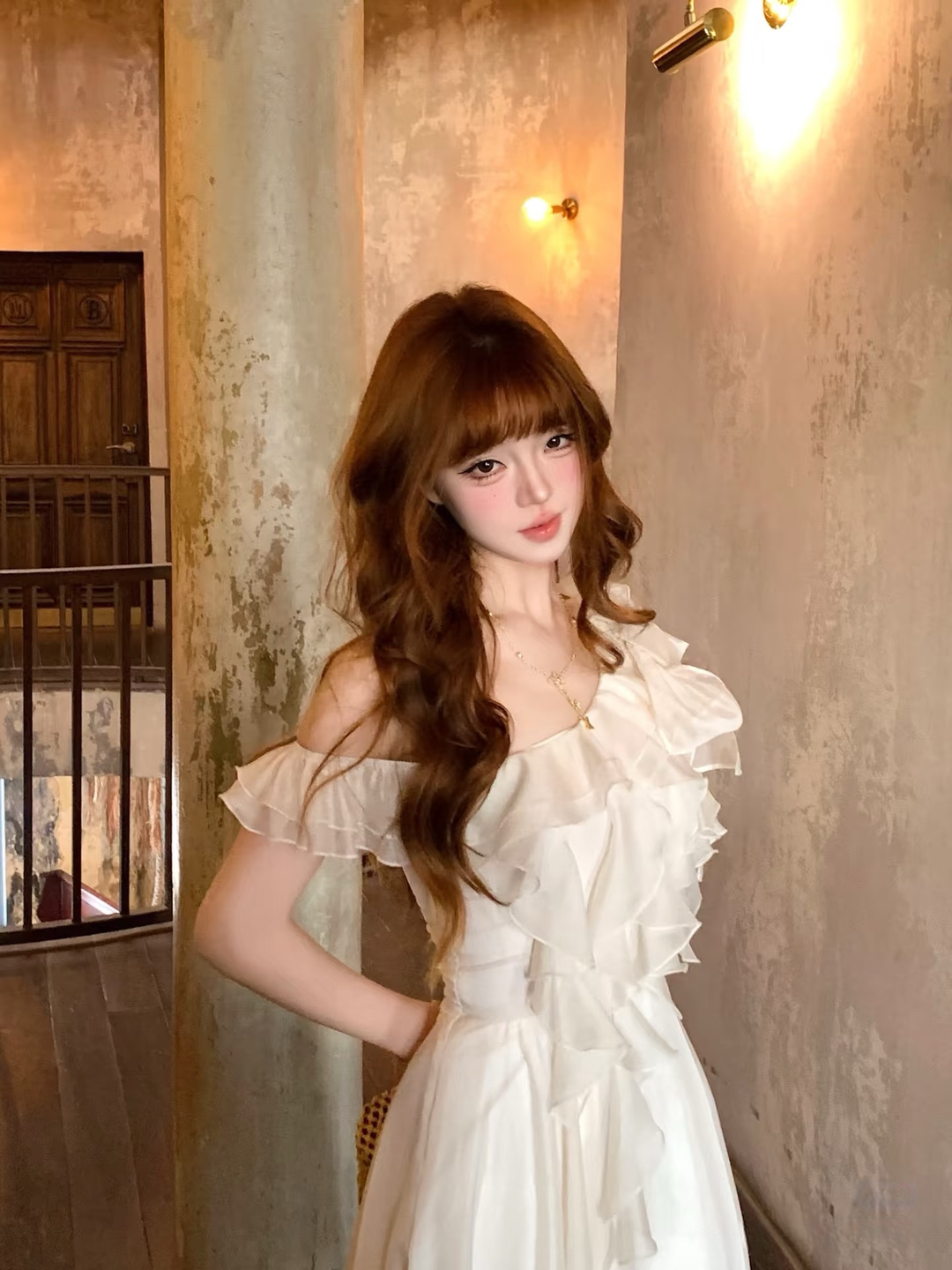【dress】ショルダーリボンフリルロングワンピース　N3624
