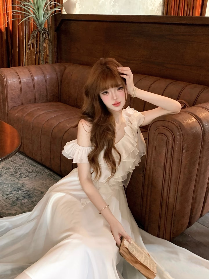 【dress】ショルダーリボンフリルロングワンピース　N3624