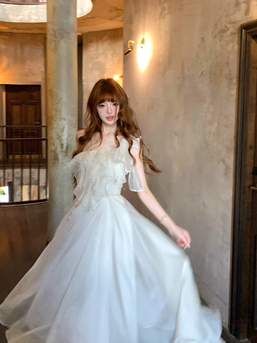 【dress】ショルダーリボンフリルロングワンピース　N3624