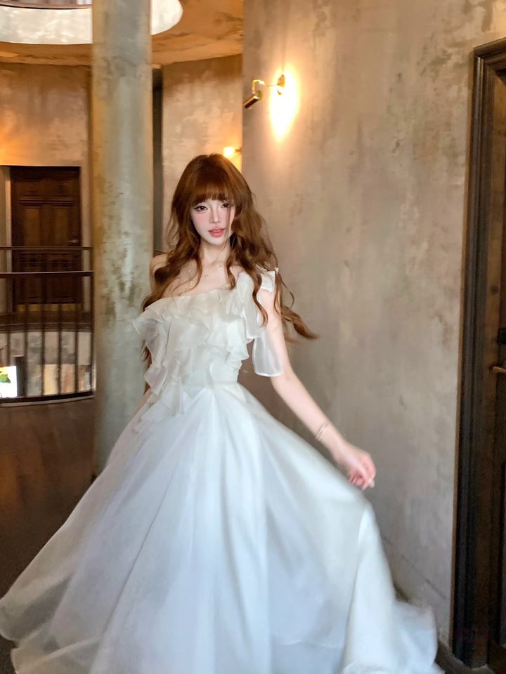 【dress】ショルダーリボンフリルロングワンピース　N3624