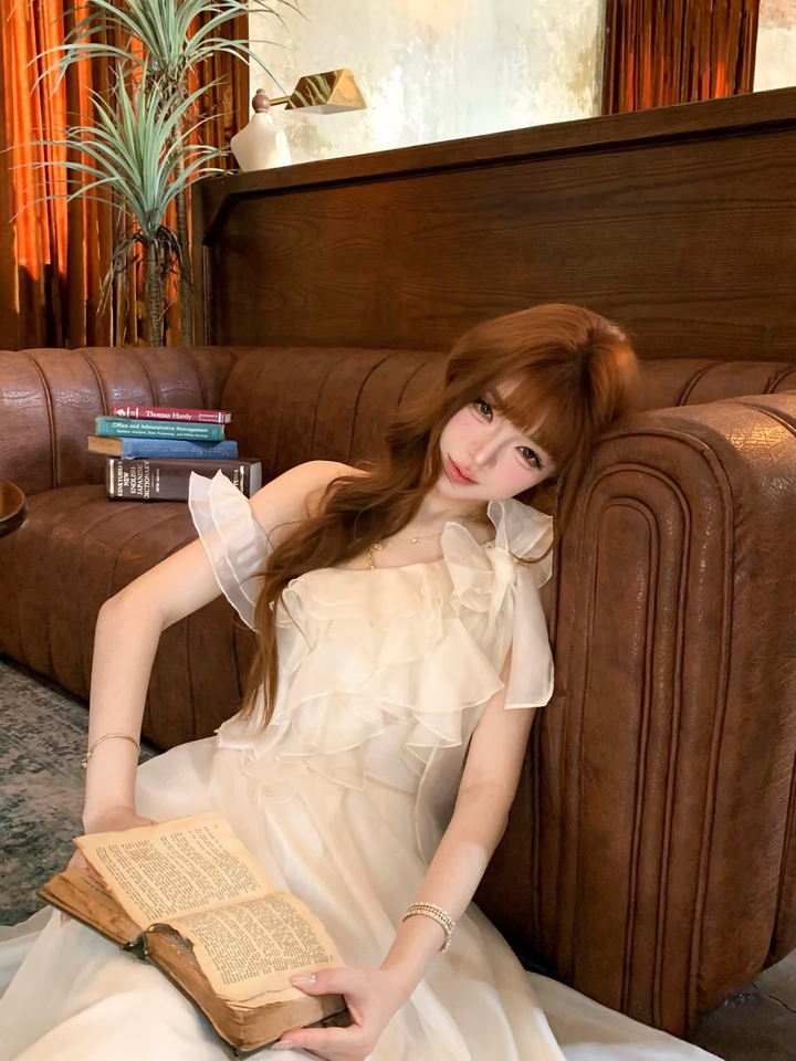 【dress】ショルダーリボンフリルロングワンピース　N3624