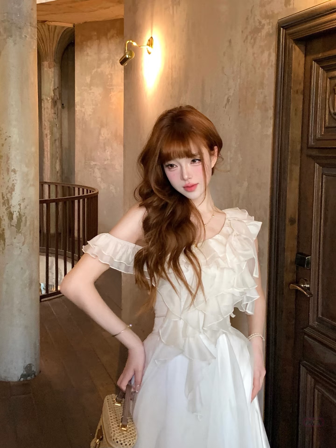 【dress】ショルダーリボンフリルロングワンピース　N3624