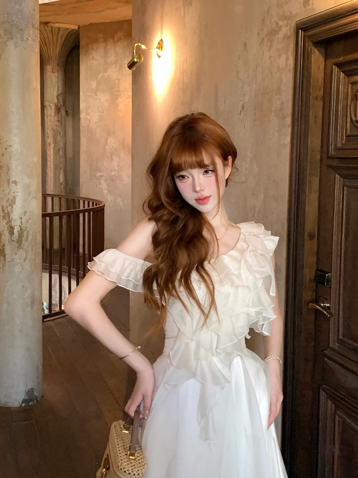 【dress】ショルダーリボンフリルロングワンピース　N3624