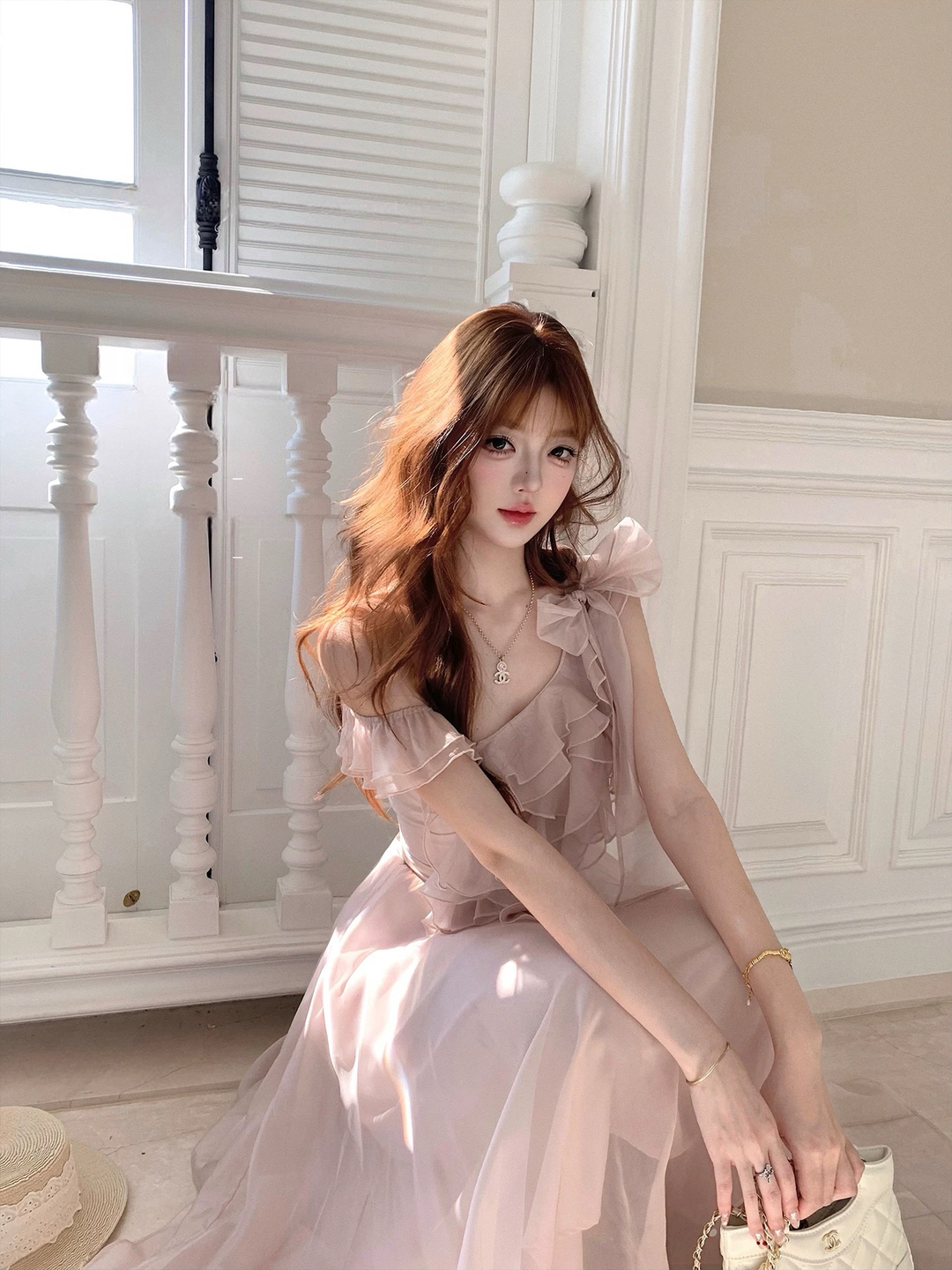 【dress】ショルダーリボンフリルロングワンピース　N3624