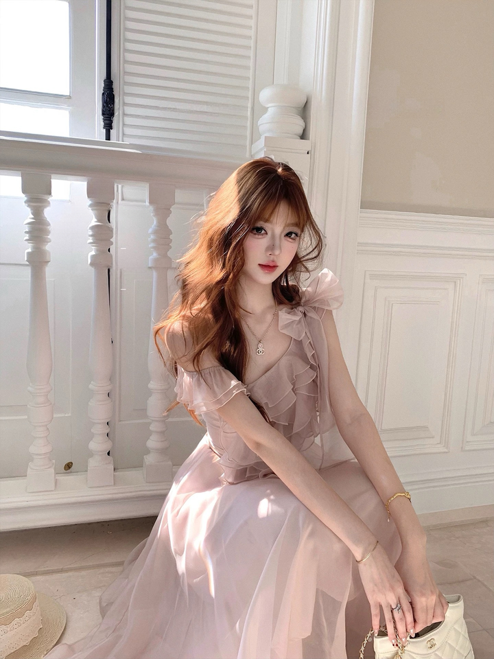【dress】ショルダーリボンフリルロングワンピース　N3624