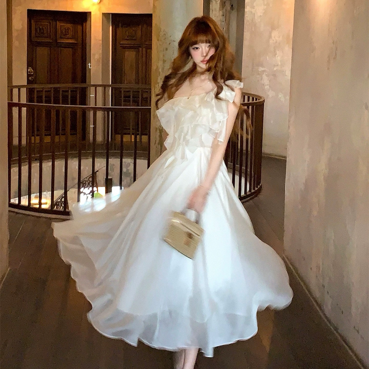 【dress】ショルダーリボンフリルロングワンピース　N3624