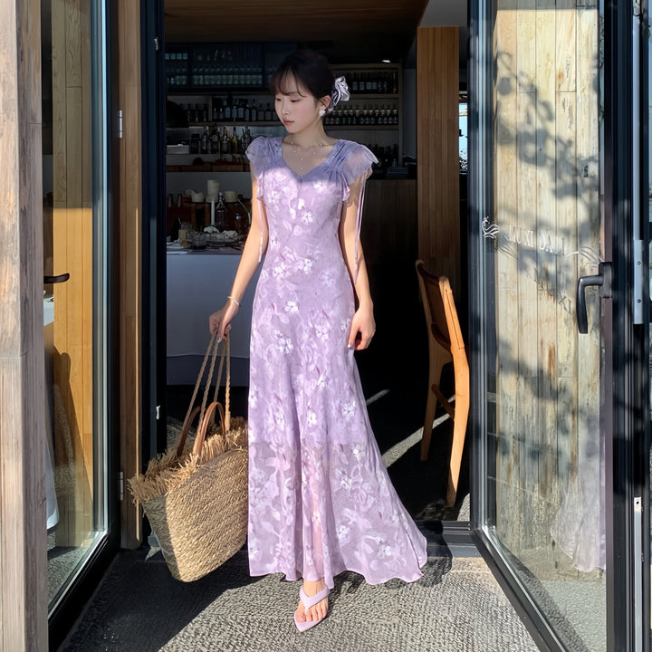 【dress】フリルスリーブフラワープリントロングワンピース  K0575