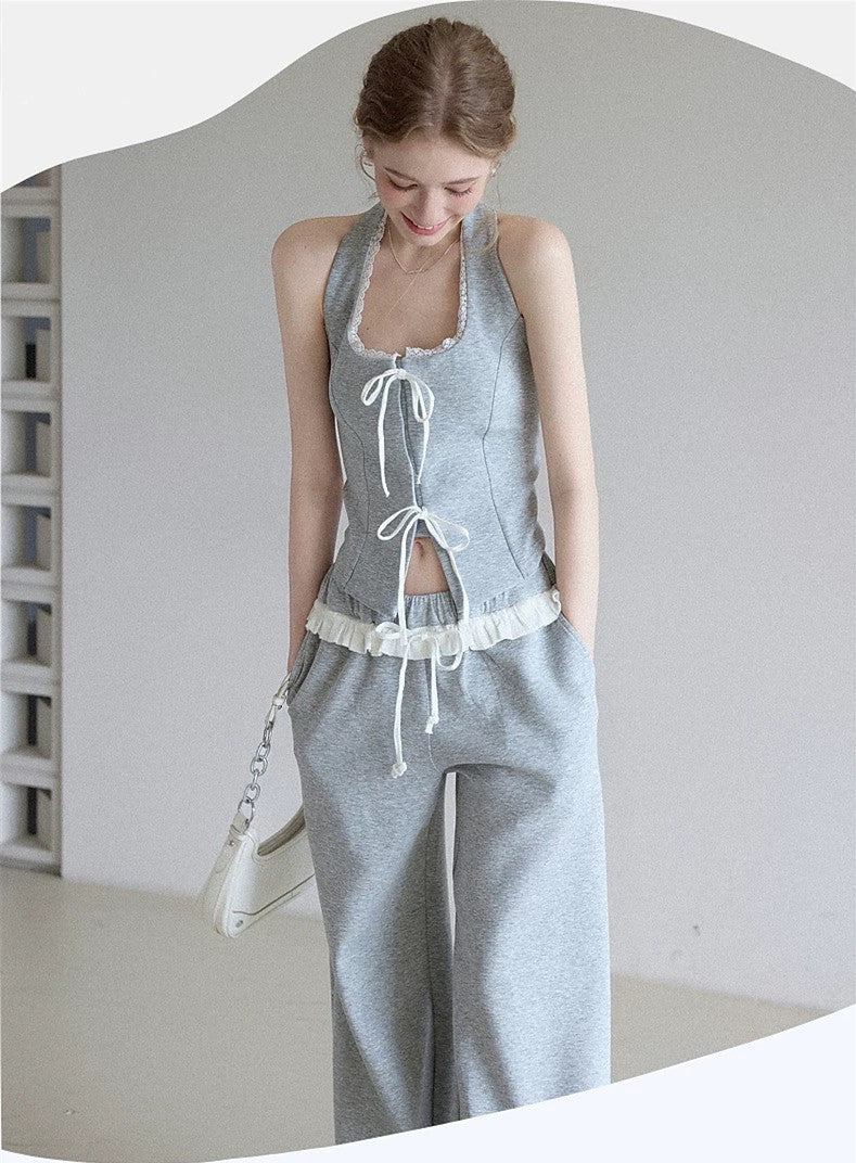 【set】リボンホルターネックトップス×ワイドパンツセット   N3630