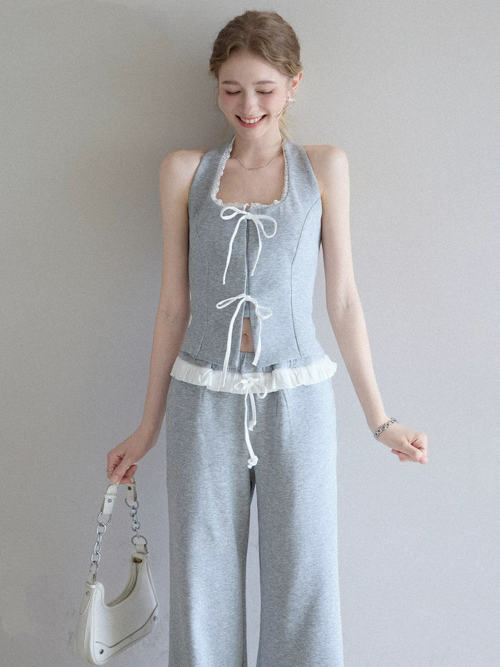【set】リボンホルターネックトップス×ワイドパンツセット   N3630