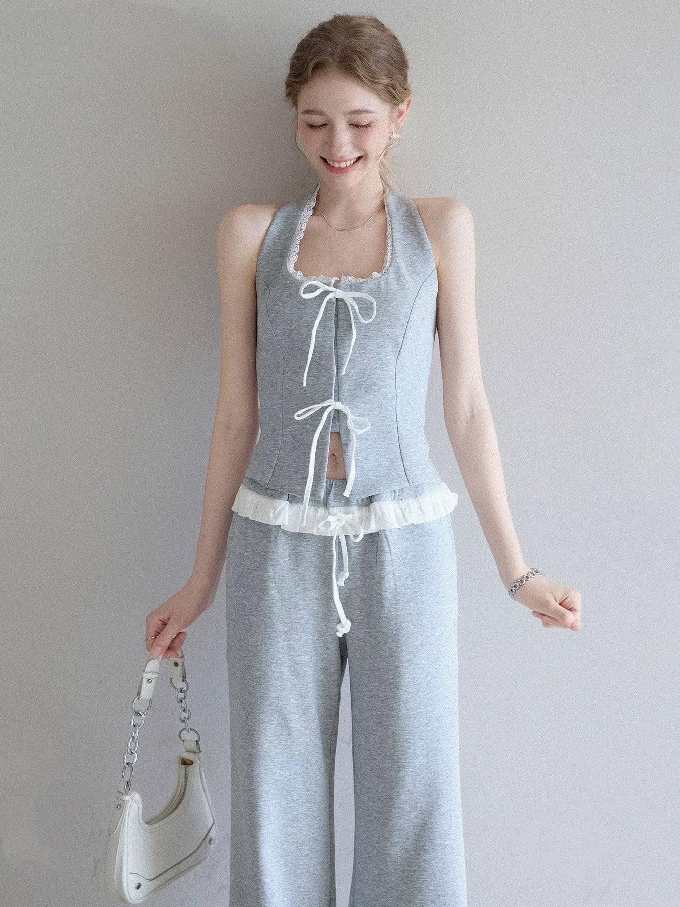 set】リボンホルターネックトップス×ワイドパンツセット N3630 – NANASTYLE