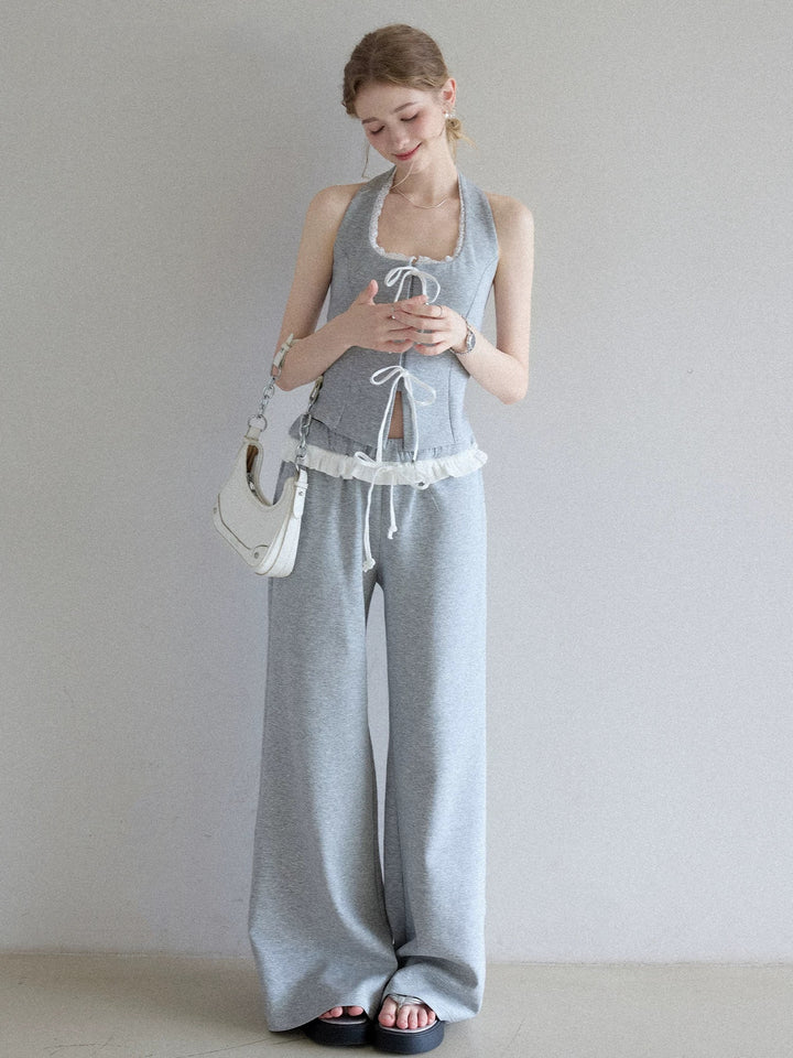 【set】リボンホルターネックトップス×ワイドパンツセット   N3630