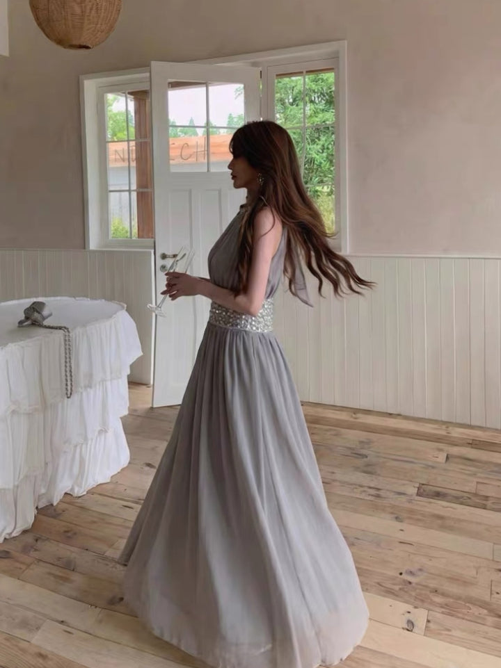 【dress】 ウエストスパンコール付きロングワンピース     K0583