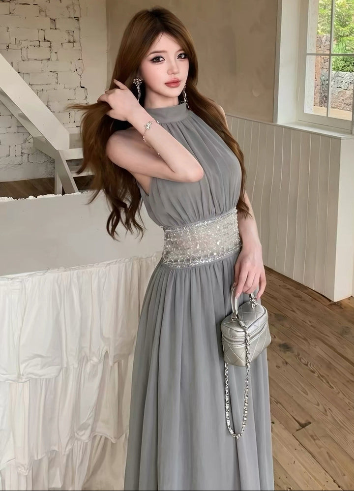 【dress】 ウエストスパンコール付きロングワンピース     K0583