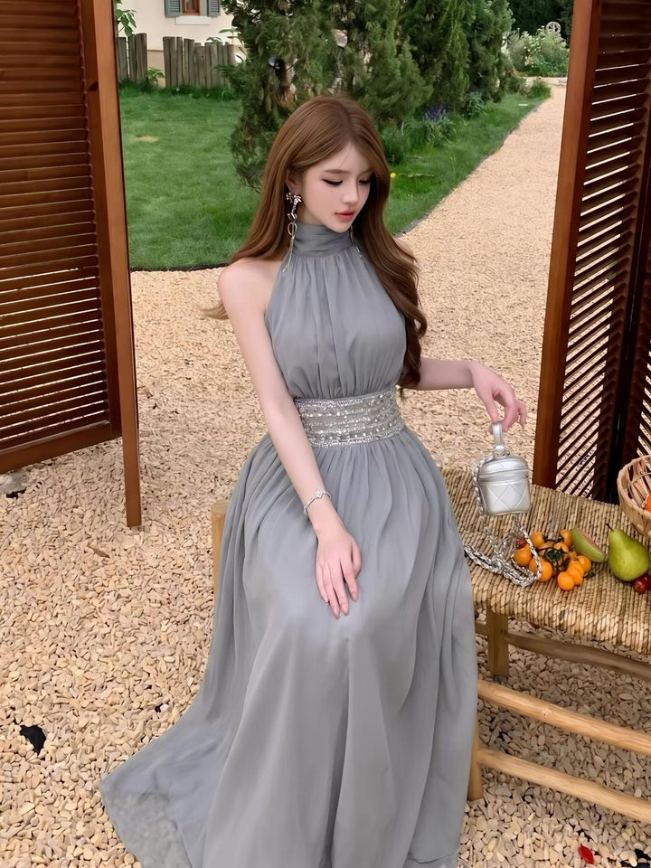 【dress】 ウエストスパンコール付きロングワンピース     K0583