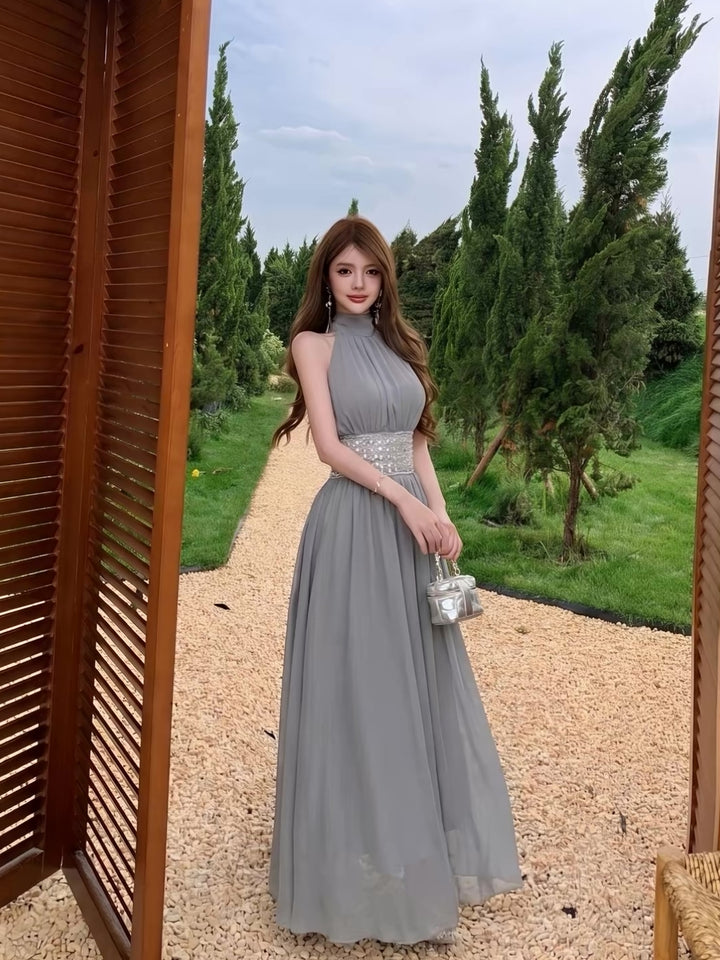 【dress】 ウエストスパンコール付きロングワンピース     K0583