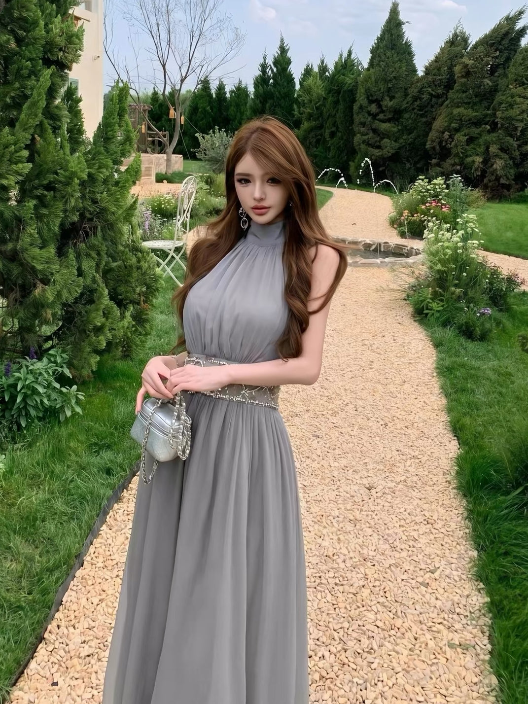 【dress】 ウエストスパンコール付きロングワンピース     K0583