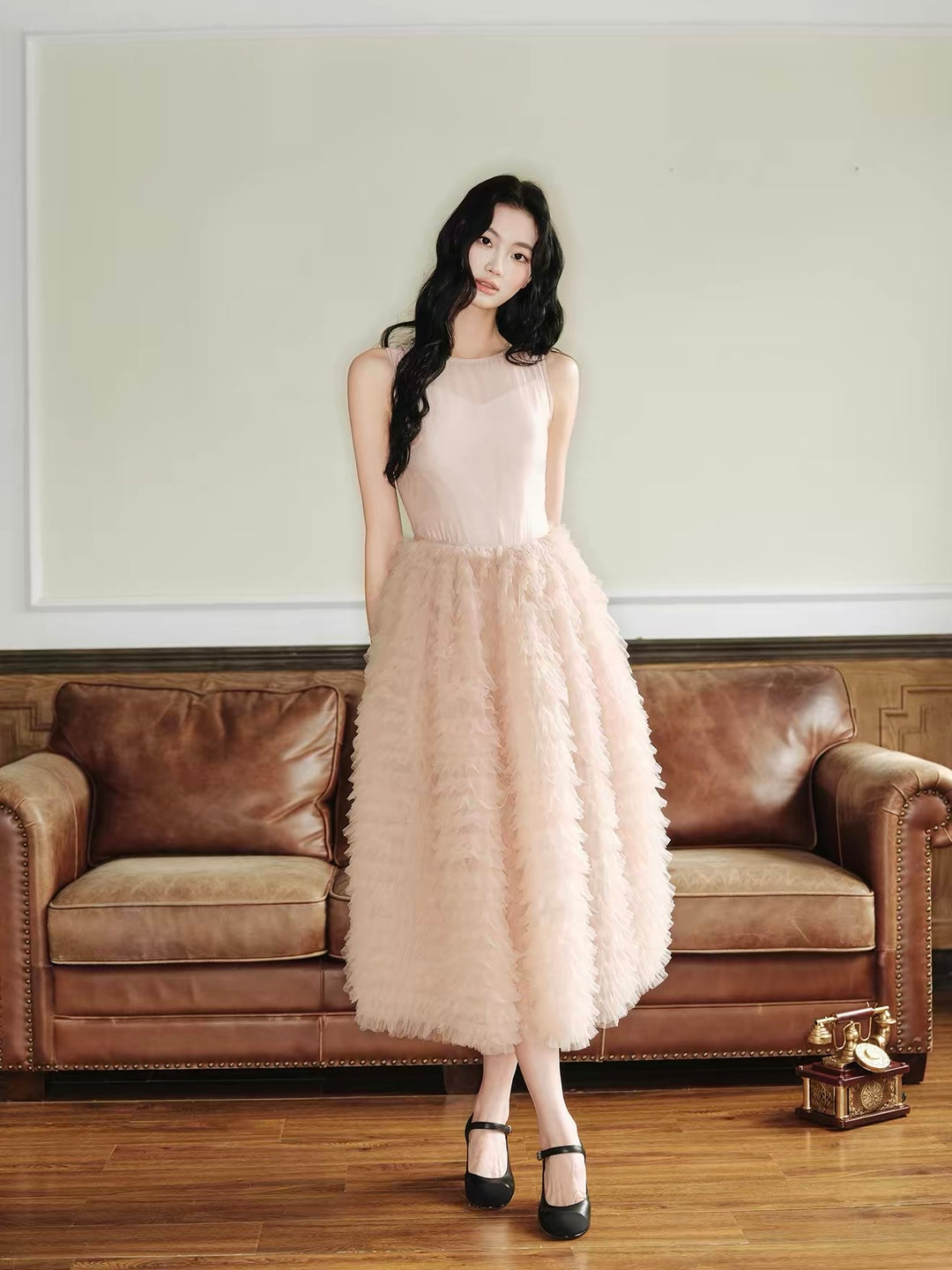 【dress】チュールドッキングノースリーブワンピース　N3635