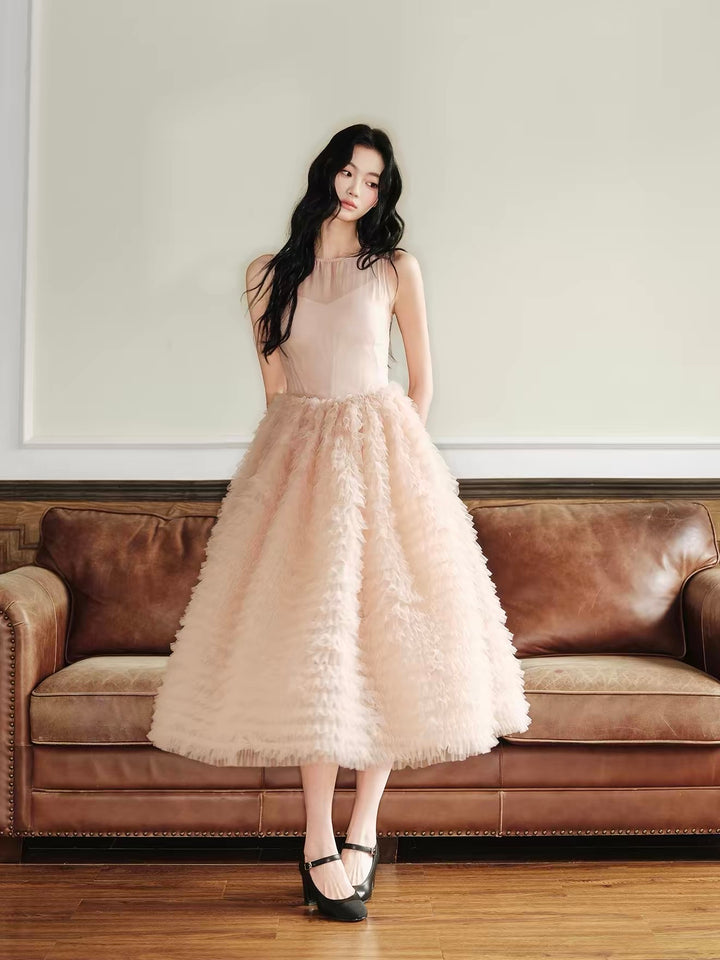【dress】チュールドッキングノースリーブワンピース　N3635
